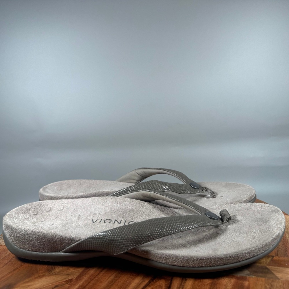 Vionic Davina Womens 11 Wide Gray Snake Embossed Orthopedic Flip Flop Sandals